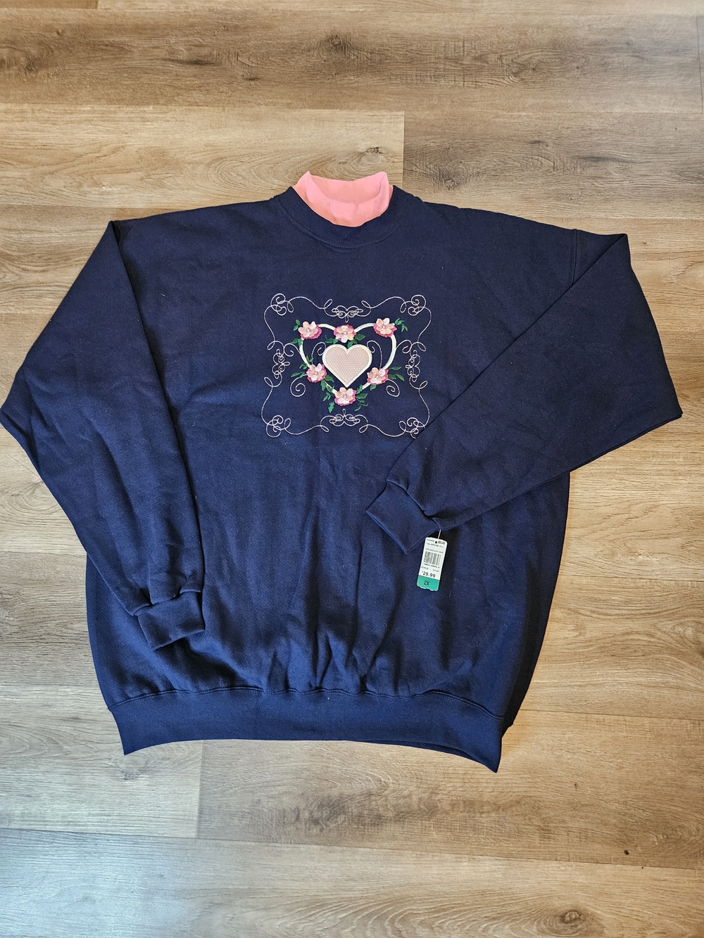 Grandmacore Mockneck Vintage Heart Sweatshirt Blue And Pink NWT cozy Size 2xL